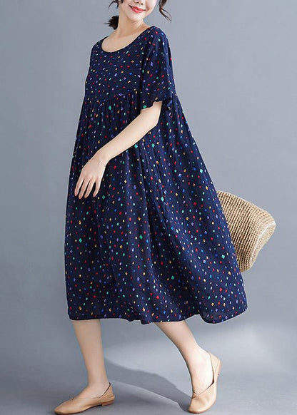 Vivid O Neck Cinched Cotton Dresses Sewing Blue Print Long Dresses Summer