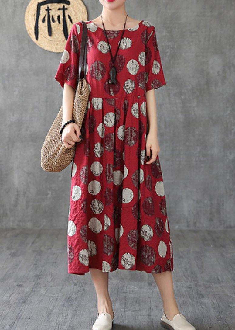 Vivid O Neck Cinched Linen Robes Tunic Tops Red Dotted Dresses