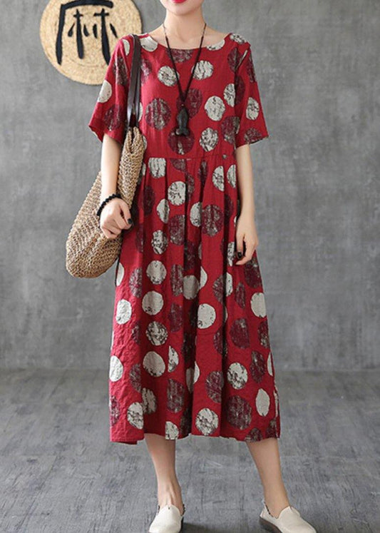 Vivid O Neck Cinched Linen Robes Tunic Tops Red Dotted Dresses