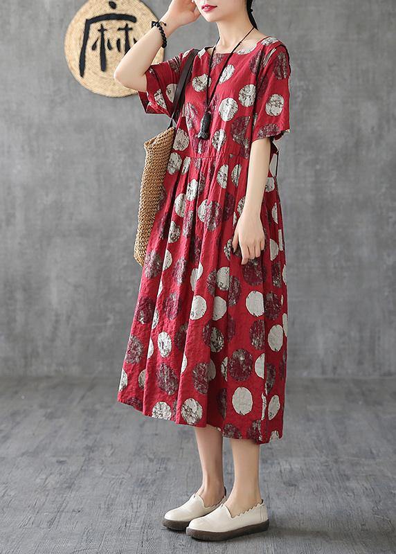 Vivid O Neck Cinched Linen Robes Tunic Tops Red Dotted Dresses