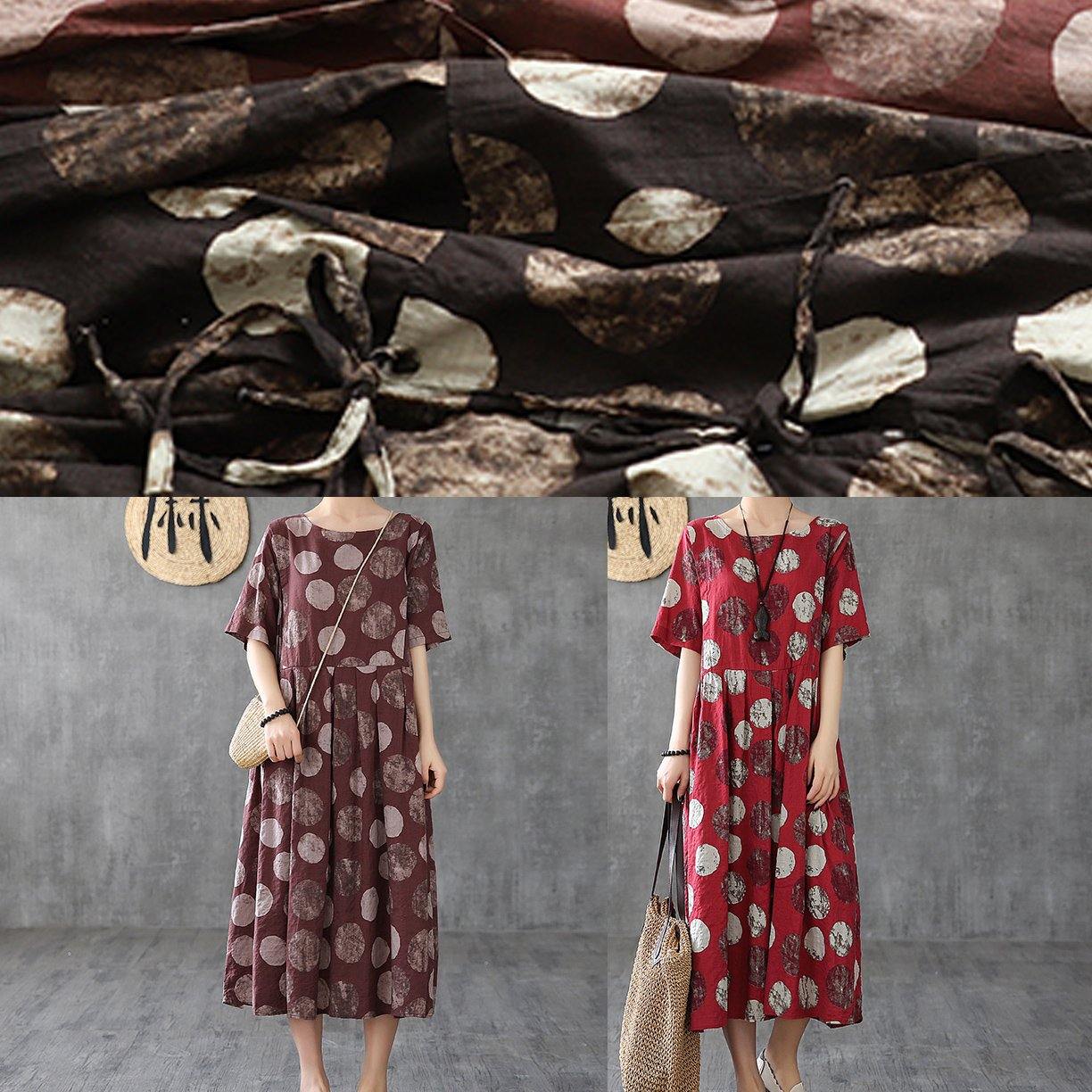 Vivid O Neck Cinched Linen Robes Tunic Tops Red Dotted Dresses