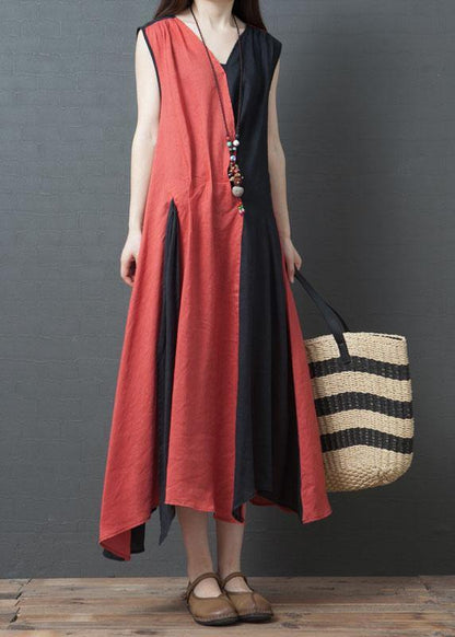 Vivid Orange Red Cotton Clothes for O Neck Maxi Summer Dress