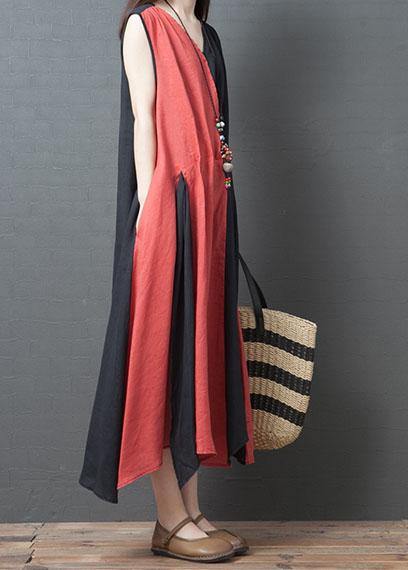Vivid Orange Red Cotton Clothes for O Neck Maxi Summer Dress