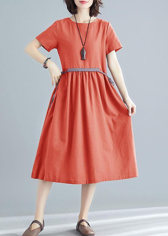 Vivid Orange Red Cotton Linen Clothes for O Neck Tie Waist Robe Summer Dress