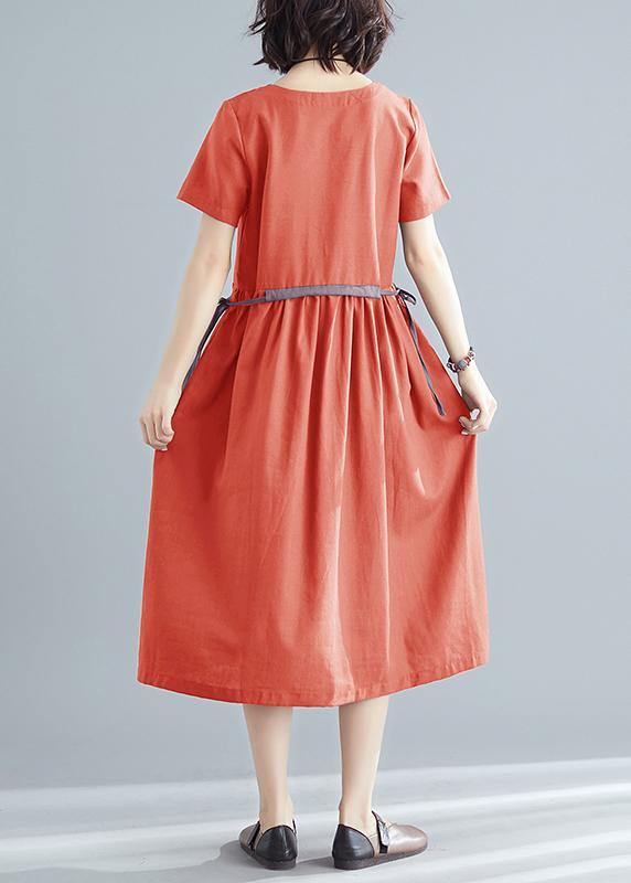 Vivid Orange Red Cotton Linen Clothes for O Neck Tie Waist Robe Summer Dress