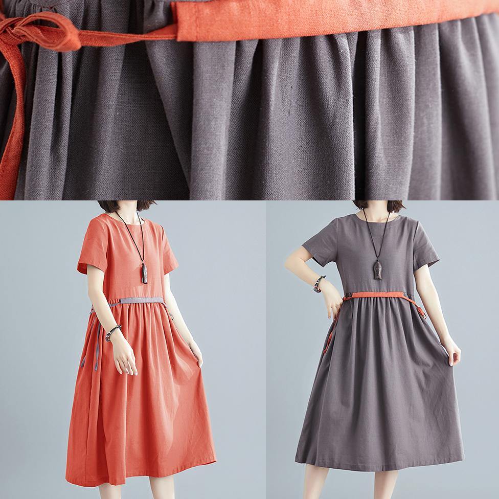 Vivid Orange Red Cotton Linen Clothes for O Neck Tie Waist Robe Summer Dress