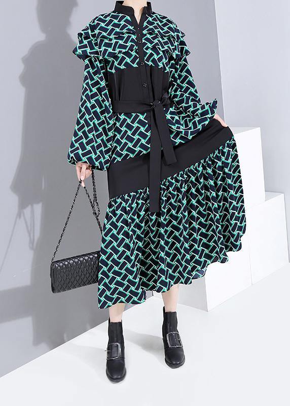 Vivid Patchwork Cotton Tie Waist Clothes Shape Green Dotted a Line Dress