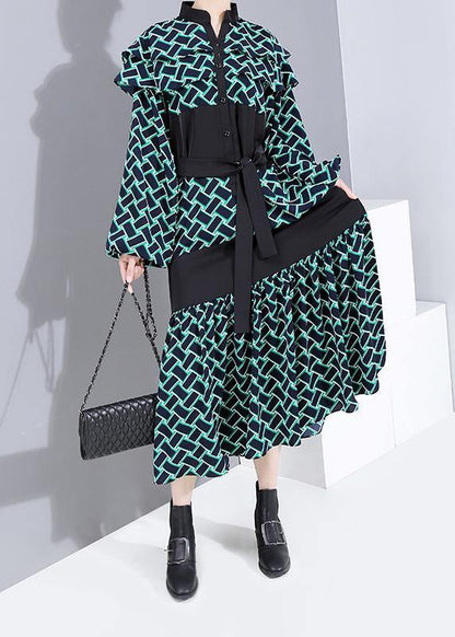 Vivid Patchwork Cotton Tie Waist Clothes Shape Green Dotted a Line Dress