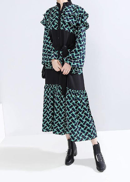 Vivid Patchwork Cotton Tie Waist Clothes Shape Green Dotted a Line Dress