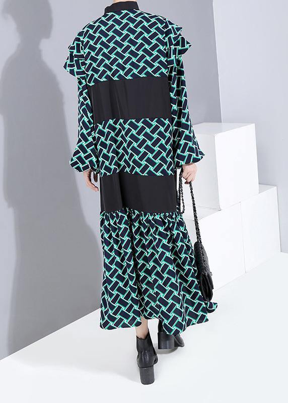 Vivid Patchwork Cotton Tie Waist Clothes Shape Green Dotted a Line Dress