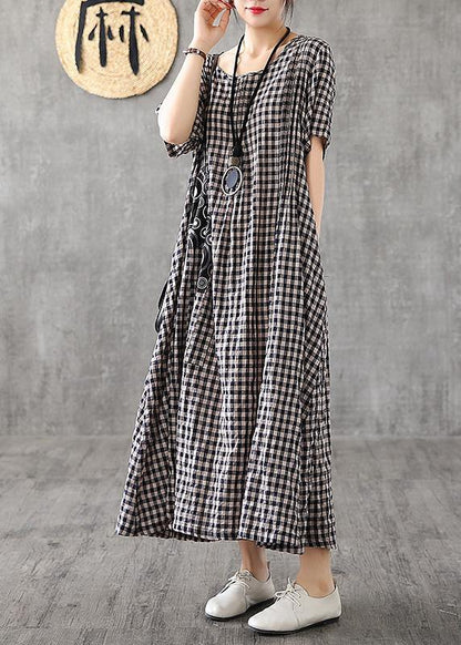 Blue Plaid Linen Dresses Summer Cotton Dress