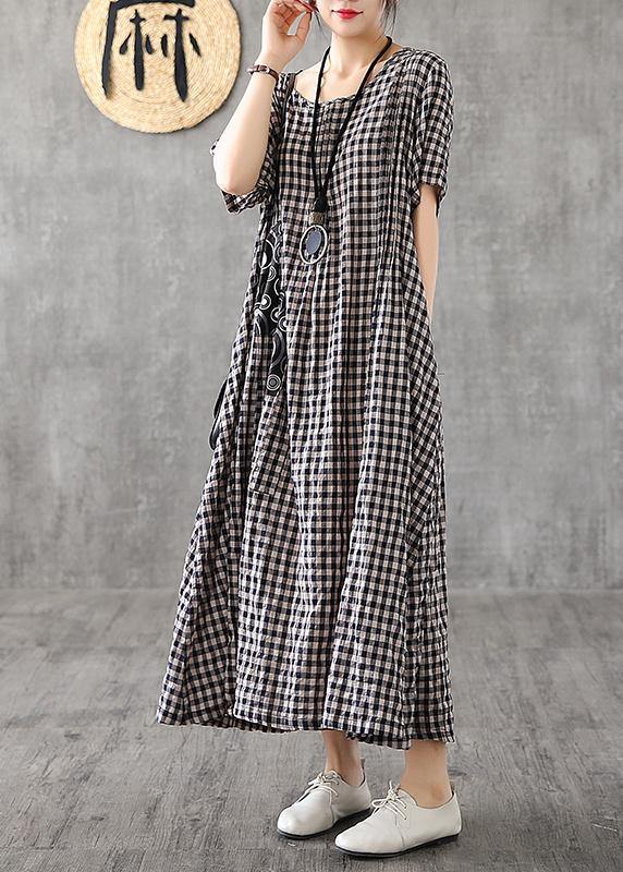 Blue Plaid Linen Dresses Summer Cotton Dress
