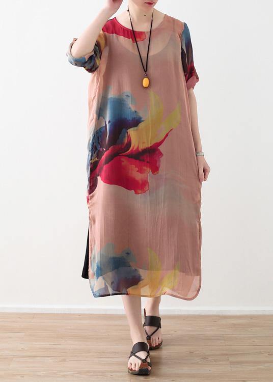 Vivid Pink Prints Chiffon Clothes Side Open Summer Dresses