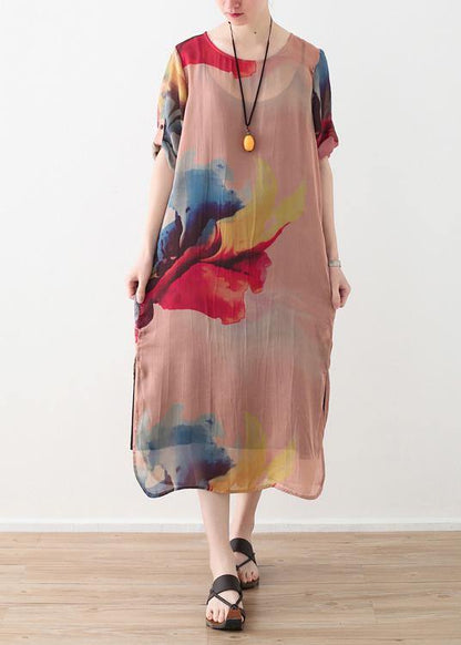 Vivid Pink Prints Chiffon Clothes Side Open Summer Dresses
