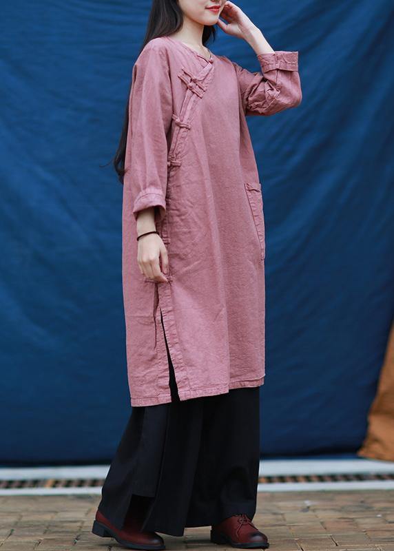 Vivid Pink Quilting Dresses O Neck Chinese Button Dresses Dresses