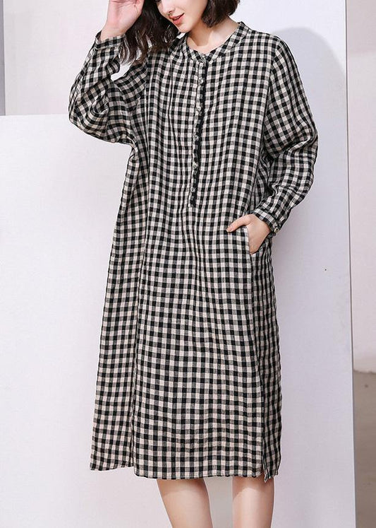 Vivid Plaid Cotton Tunics for O Neck Daily Side Open Dresses