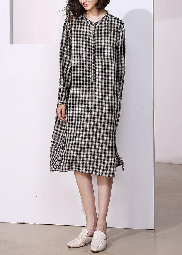 Vivid Plaid Cotton Tunics for O Neck Daily Side Open Dresses