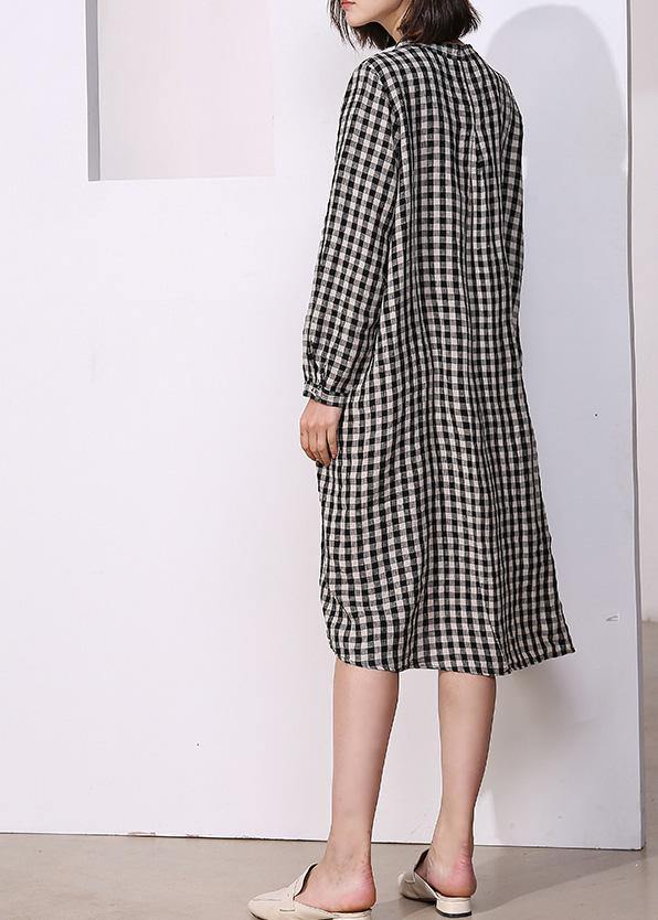 Vivid Plaid Cotton Tunics for O Neck Daily Side Open Dresses
