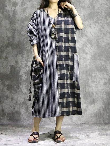 Vivid Plaid Linen Quilting Dresses V Neck Patchwork Dress