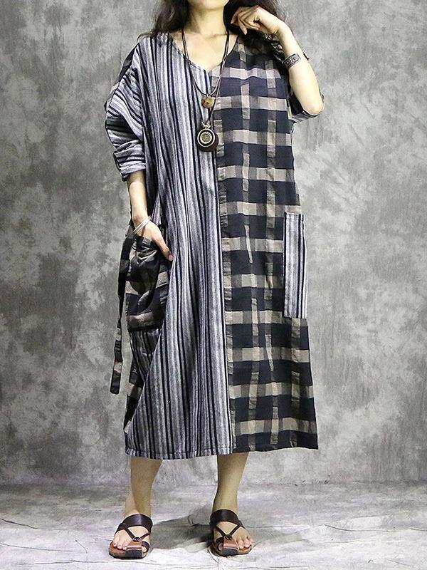 Vivid Plaid Linen Quilting Dresses V Neck Patchwork Dress