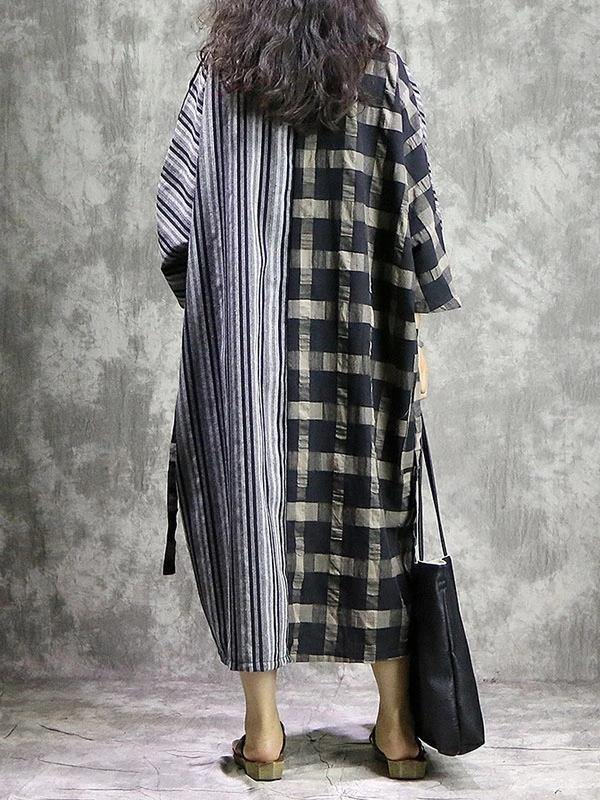 Vivid Plaid Linen Quilting Dresses V Neck Patchwork Dress