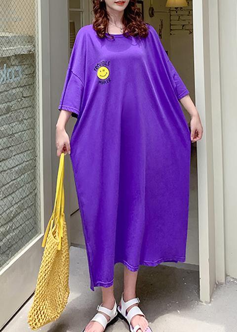 Vivid Purple Cartoon Print Clothes for O Neck Side Open Robe Summer Dresses