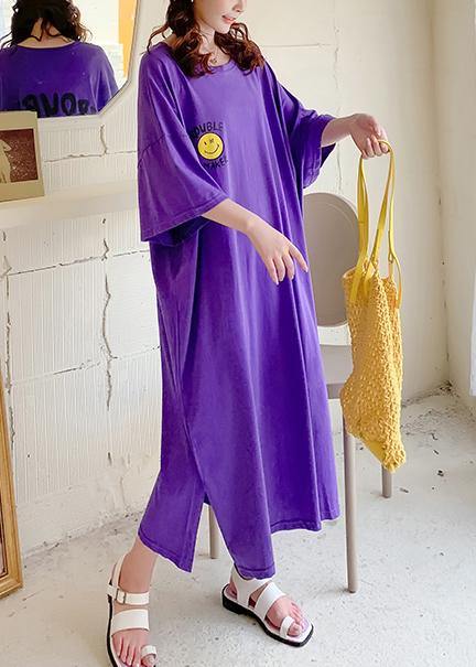 Vivid Purple Cartoon Print Clothes for O Neck Side Open Robe Summer Dresses