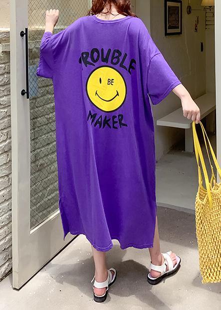 Vivid Purple Cartoon Print Clothes for O Neck Side Open Robe Summer Dresses