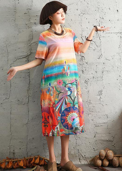 Vivid Red Cartoon Print Cotton Linen Dress O Neck Long Summer Dresses