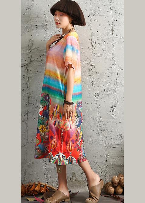 Vivid Red Cartoon Print Cotton Linen Dress O Neck Long Summer Dresses