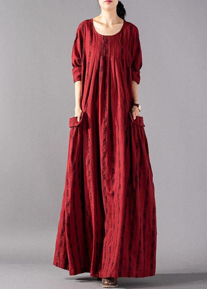 Vivid Red Plaid Cotton Linen Robes O Neck Pockets Maxi Fall Dresses
