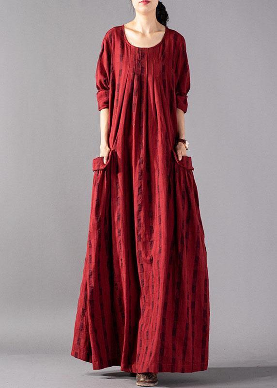Vivid Red Plaid Cotton Linen Robes O Neck Pockets Maxi Fall Dresses