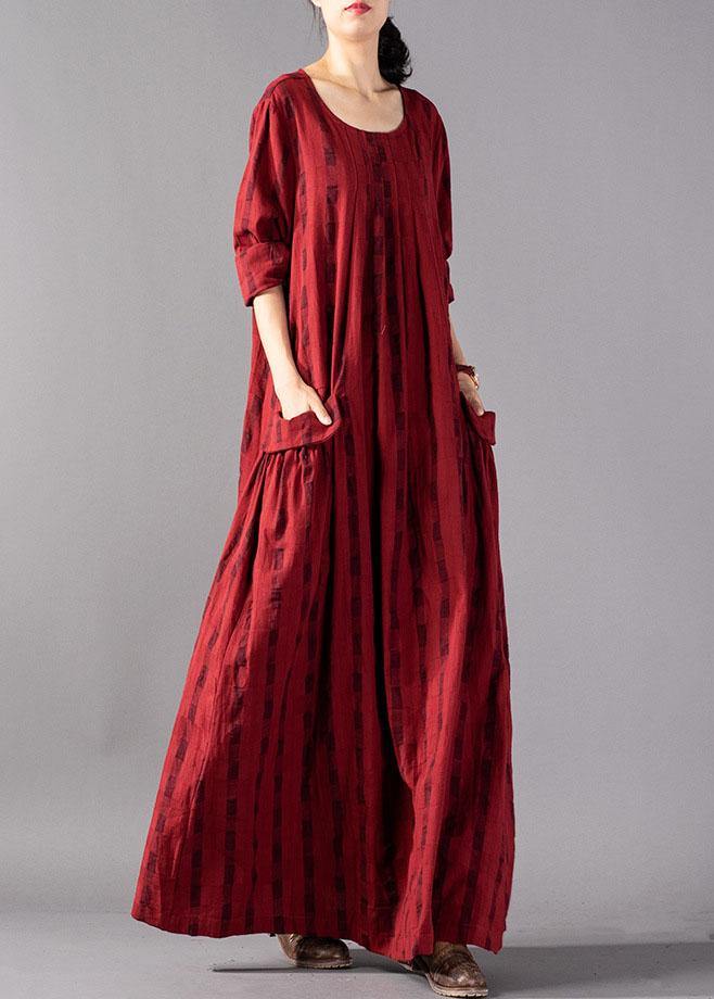 Vivid Red Plaid Cotton Linen Robes O Neck Pockets Maxi Fall Dresses