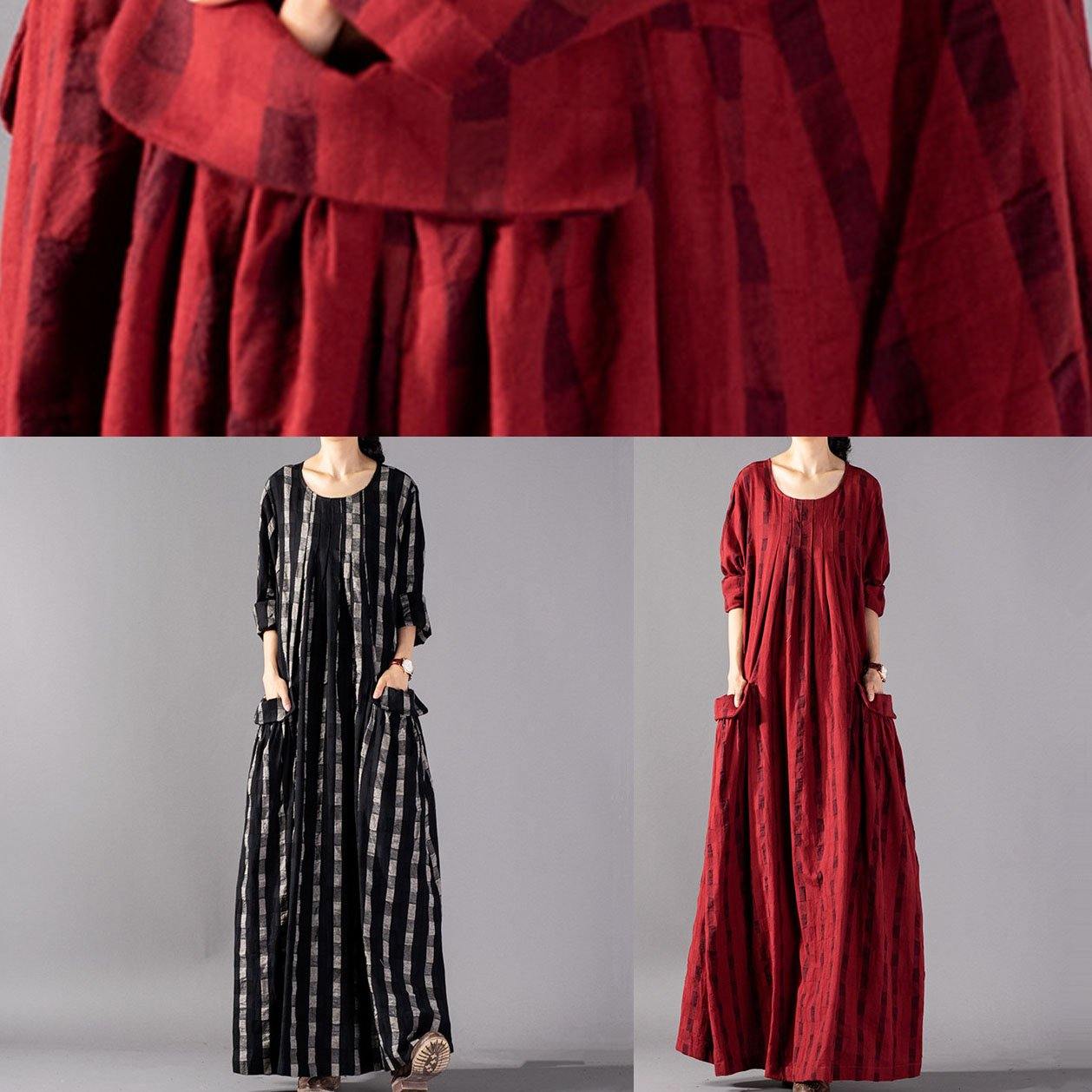 Vivid Red Plaid Cotton Linen Robes O Neck Pockets Maxi Fall Dresses