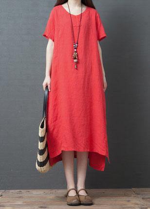 Vivid Red Cotton Tunic Dress O Neck Side Open Maxi Summer Dress
