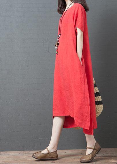 Vivid Red Cotton Tunic Dress O Neck Side Open Maxi Summer Dress