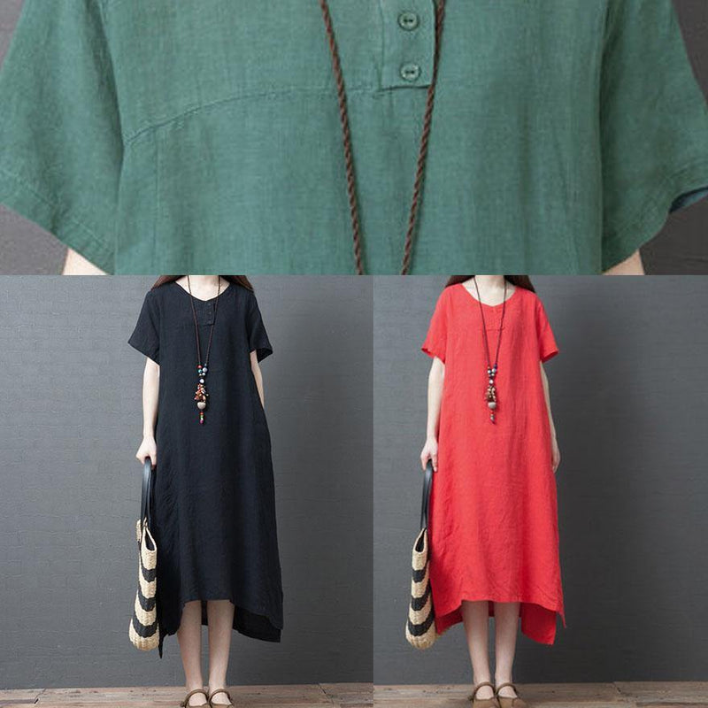 Vivid Red Cotton Tunic Dress O Neck Side Open Maxi Summer Dress