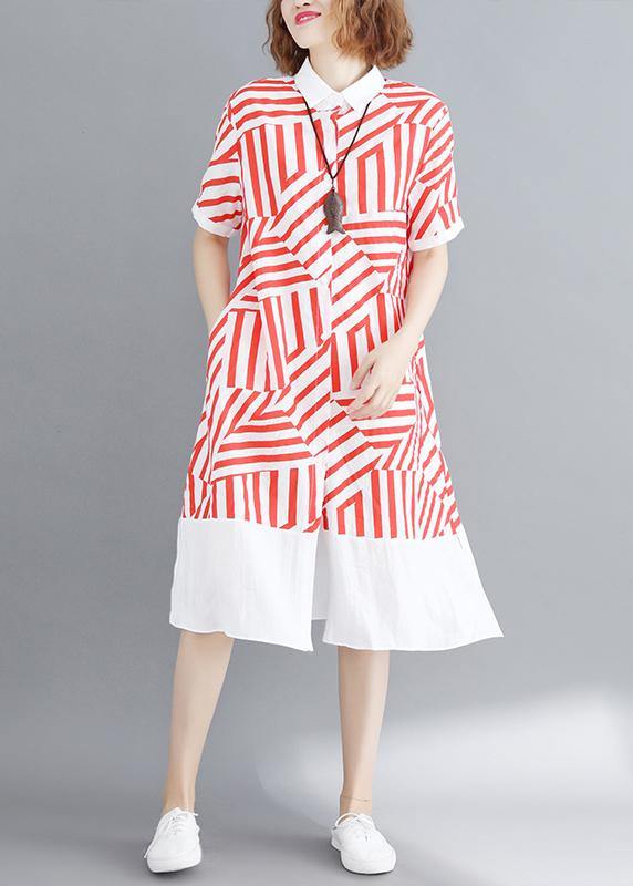 Vivid Red Striped Tunic Shirt Dress Lapel Button Down Daily Summer Dress