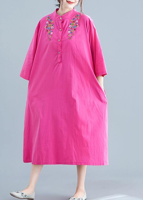 Vivid Rose Embroidery Cotton Clothes for Stand Collar Pockets Maxi Summer Dresses