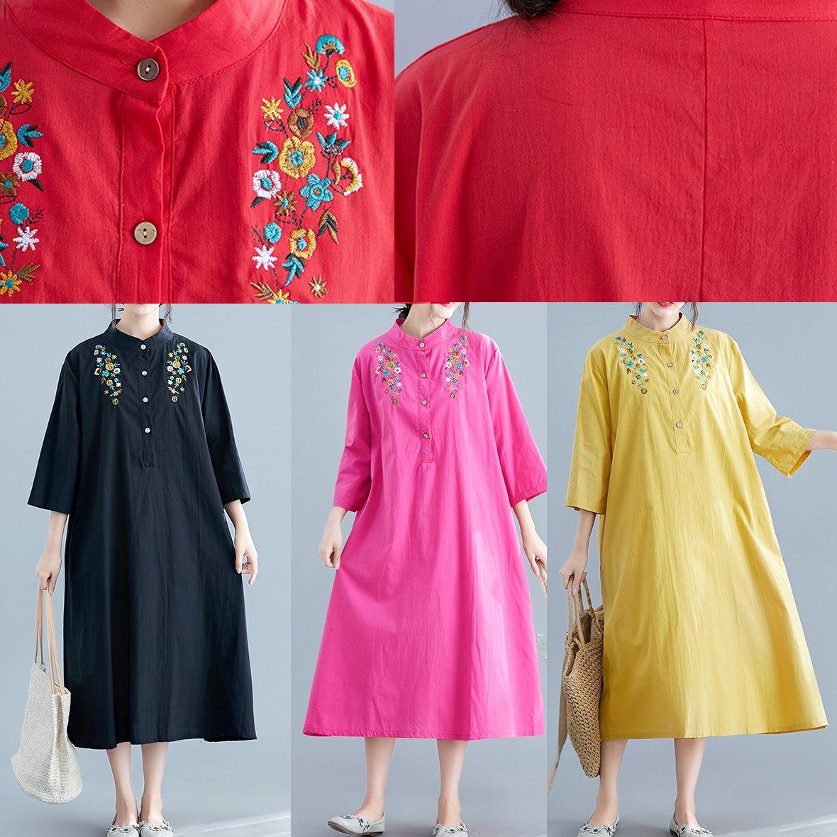 Vivid Rose Embroidery Cotton Clothes for Stand Collar Pockets Maxi Summer Dresses