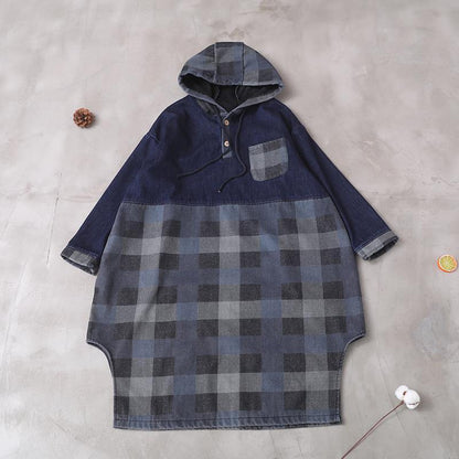 Vivid Side Open Cotton Patchwork Tunic Work Outfits Blue Hooded Maxi Dress
