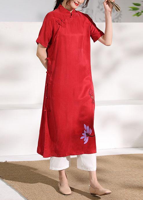 Vivid Stand Collar Chinese Button Tunic Dress Fabrics Red Print Maxi Dresses