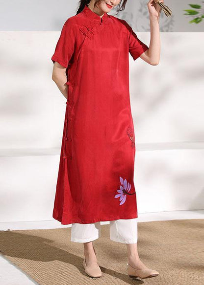 Vivid Stand Collar Chinese Button Tunic Dress Fabrics Red Print Maxi Dresses