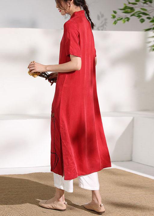 Vivid Stand Collar Chinese Button Tunic Dress Fabrics Red Print Maxi Dresses
