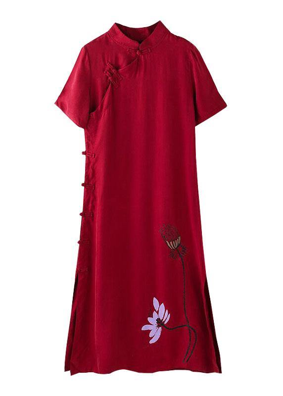 Vivid Stand Collar Chinese Button Tunic Dress Fabrics Red Print Maxi Dresses