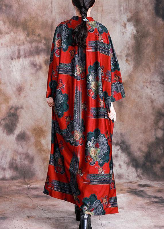 Vivid Stand Collar Cotton Tunics Work Outfits Red Print Maxi Dress Fall