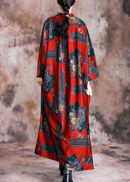 Vivid Stand Collar Cotton Tunics Work Outfits Red Print Maxi Dress Fall