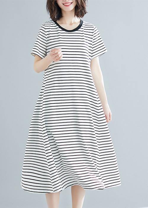 Vivid Striped Cotton Long Shirts O Neck Asymmetric Dresses