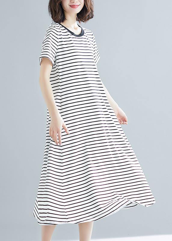 Vivid Striped Cotton Long Shirts O Neck Asymmetric Dresses