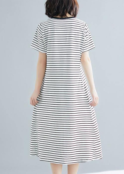 Vivid Striped Cotton Long Shirts O Neck Asymmetric Dresses